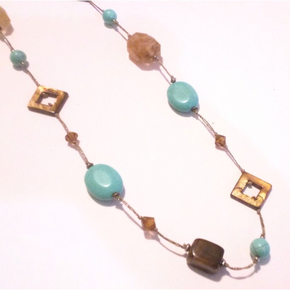 Premier Designs Howlite Tigers Eye Beaded Station Chain Necklace * - Picture 2 of 5